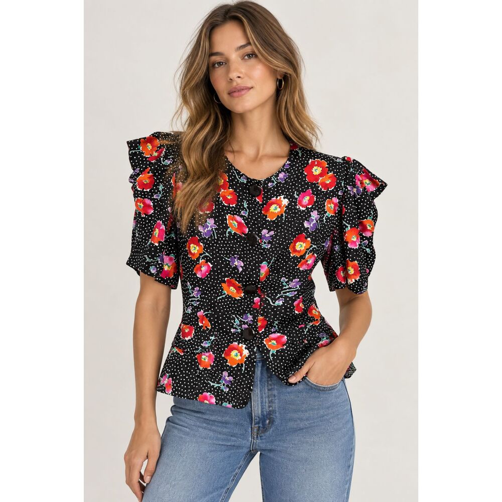 LAUREN ALEXANDRA Vintage Poppy Print Buttoned Blouse Sz 6